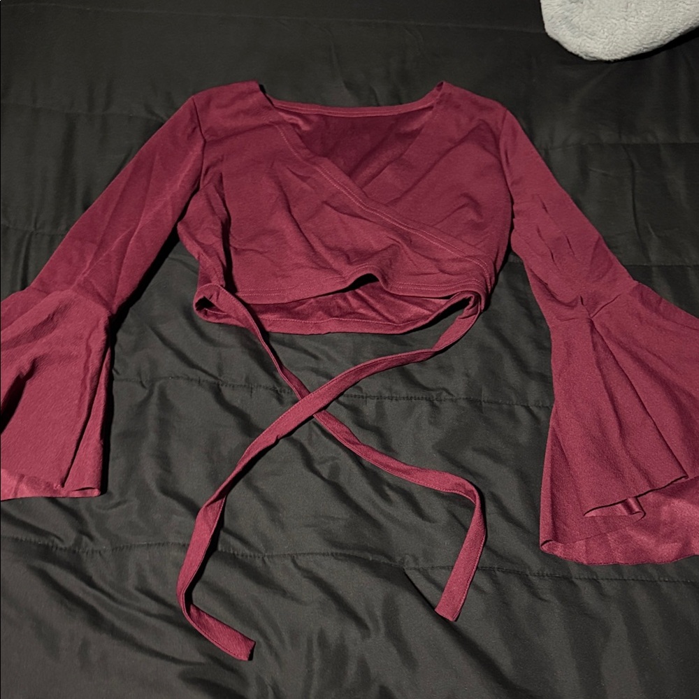 SHEIN Burgundy Bell Sleeve Wrap Blouse